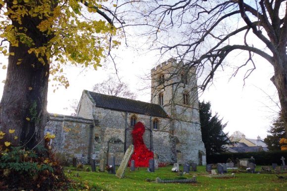 Church with remembrance poppies